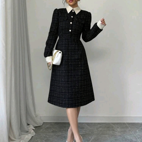 Commuting Chic Versatile A-Line Faux Pearl Button Decor Long Sleeve Dress - Picture 3 of 5